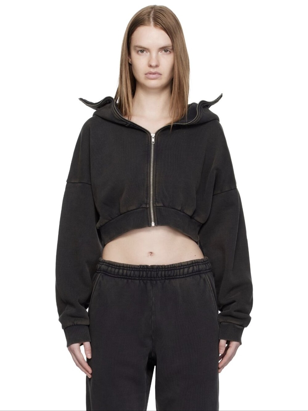 Entire Studios Cropped Hoodie Zip Up Washed Black Size Large